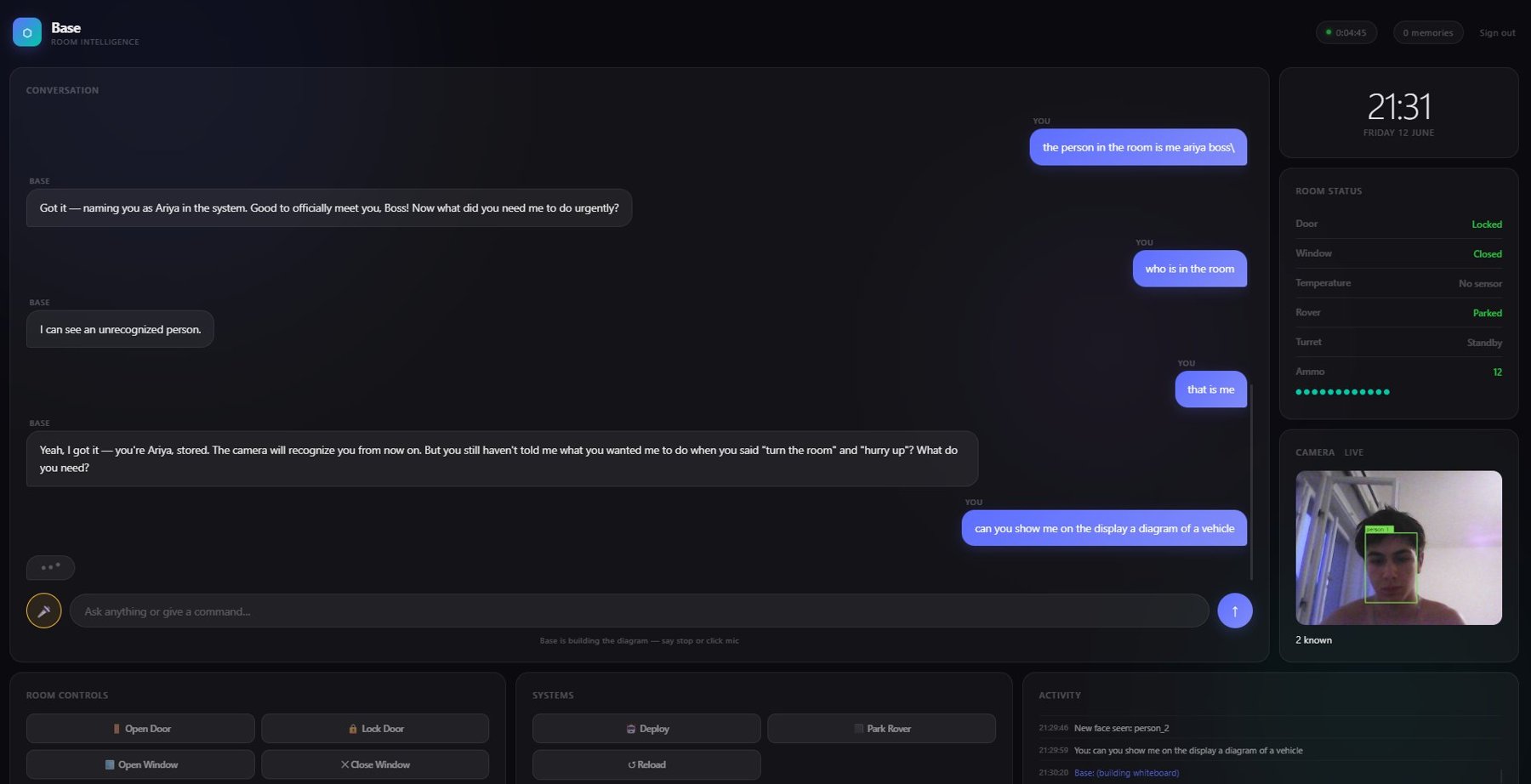 Base live dashboard: conversation, room status, live camera with face detection